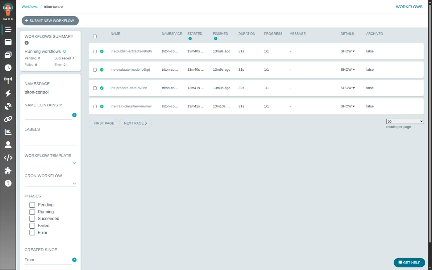 Self-hosted Argo Workflows UI showing four successful Iris workflow steps in the triton-control namespace